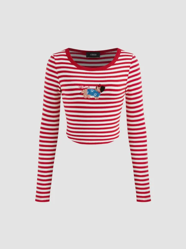 Cotton-blend Round Neckline Bear Striped Long Sleeve Crop Top sold by Cider