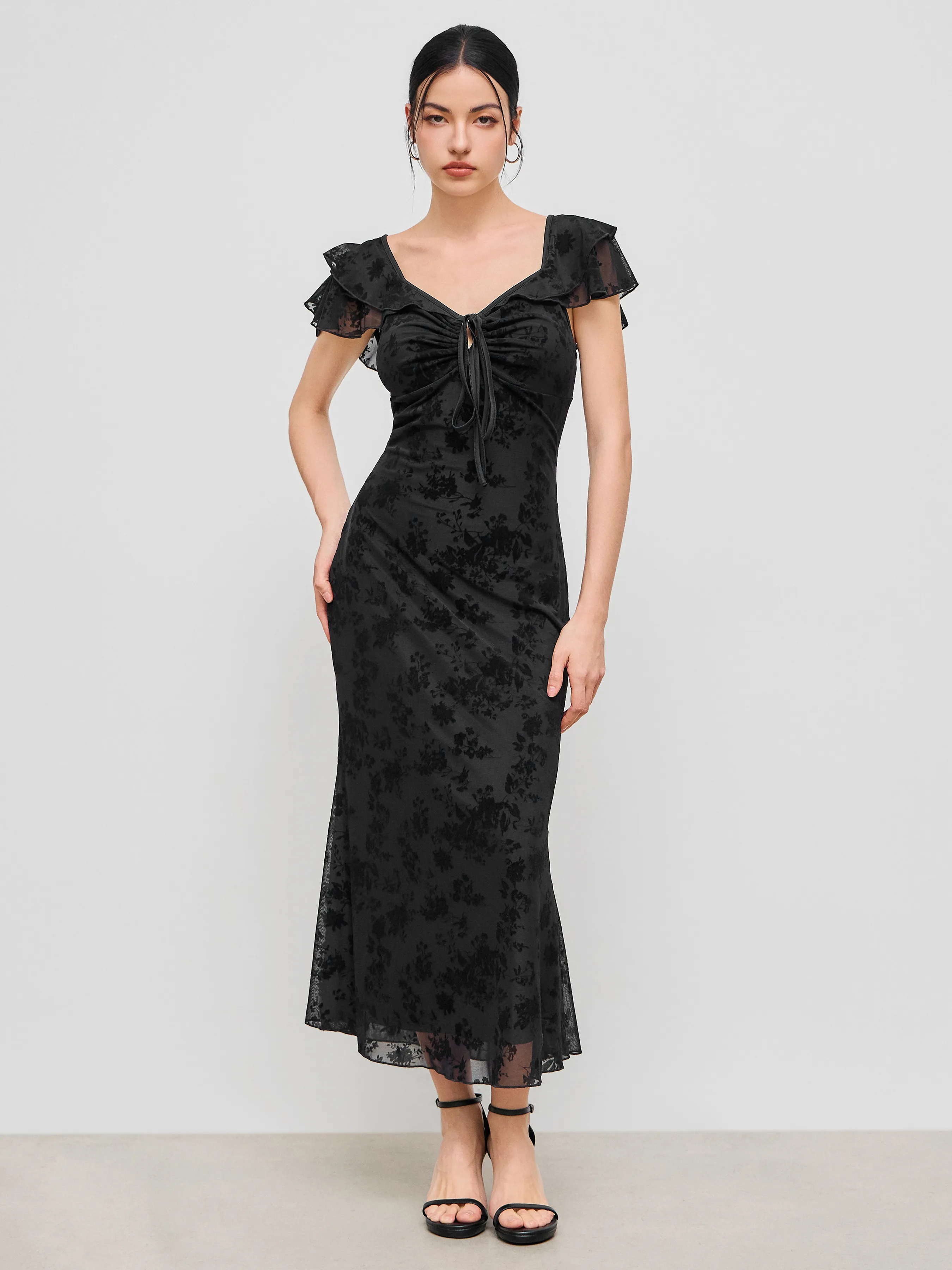 Mesh Sweetheart Neckline Floral Ruffle Knotted Maxi Dress