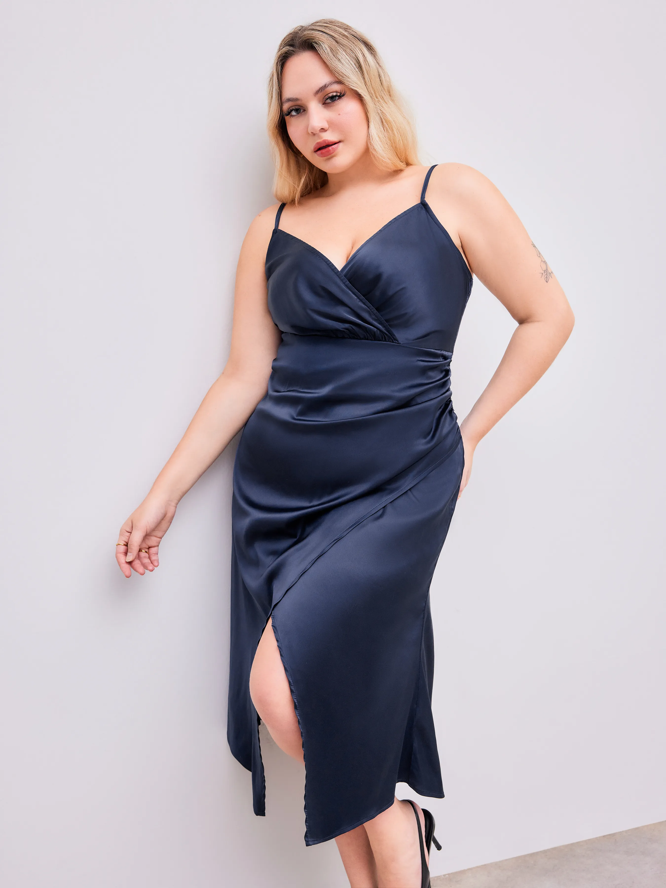 Satin Solid Ruched Split Wrap Midi Dress Curve & Plus sold by Cider