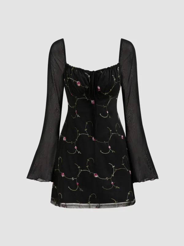 Mesh Sweetheart Neckline Floral Mini Dress sold by Cider