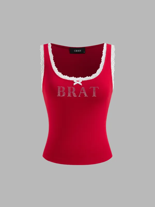 Brat Cotton-blend Scoop Neckline Rhinestone Bowknot Lace Trim Tank Top sold by Cider