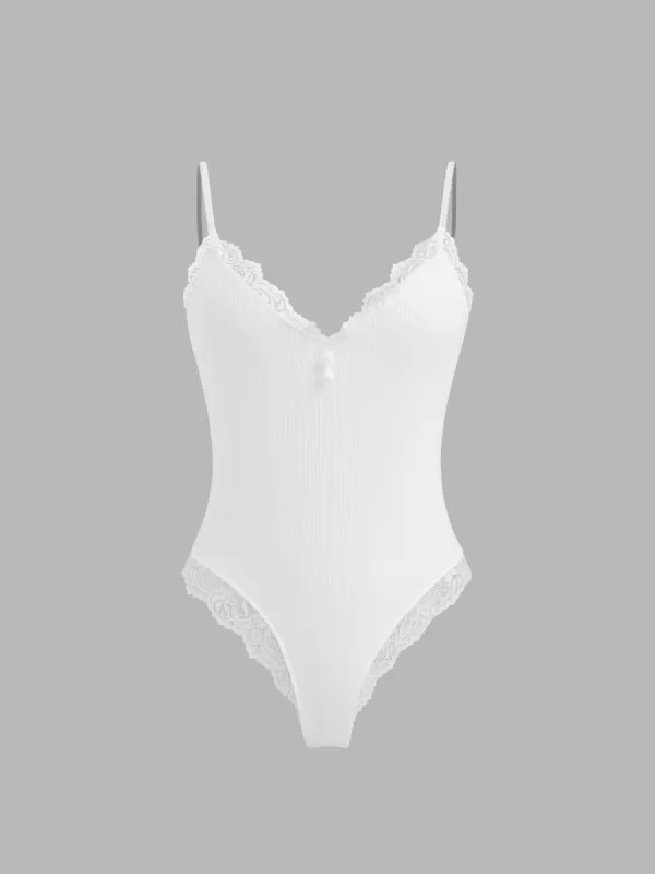 V-neck Solid Lace Trim Pearl Shapewear Bodysuit sold by Cider