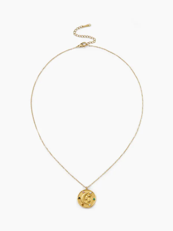 MOON & STAR & ZIRCON DECOR COIN PENDANT NECKLACE sold by Cider