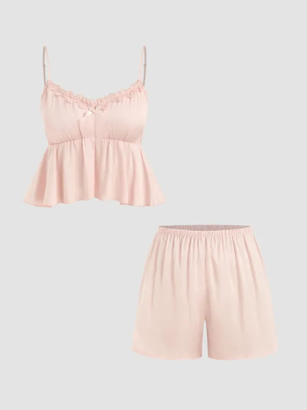 Satin V-neck Lace Ruffle Bowknot Cami Top & Mid Rise Solid Shorts Loungewear Set sold by Cider