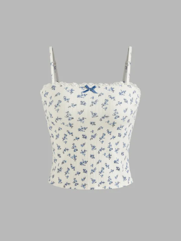 Square Neck Floral Lace Trim Bowknot Cami Top sold by Cider