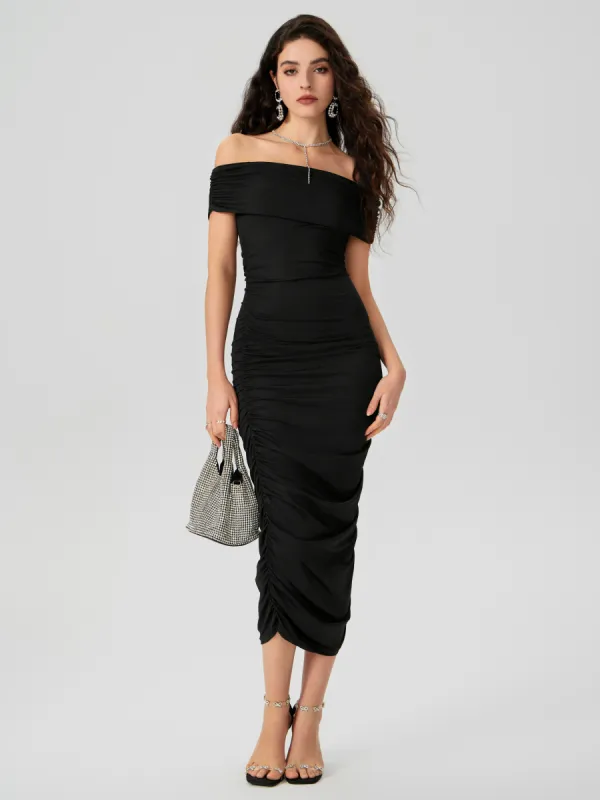 Off Shoulder Ruched Midi Dress sold by Cider