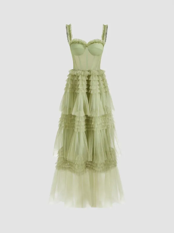 Woven Corset Layered Tulle Ruffle Maxi Dress sold by Cider