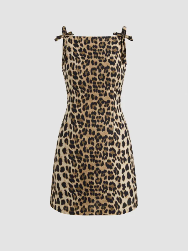 Square Neck Leopard Bowknot Mini Dress sold by Cider