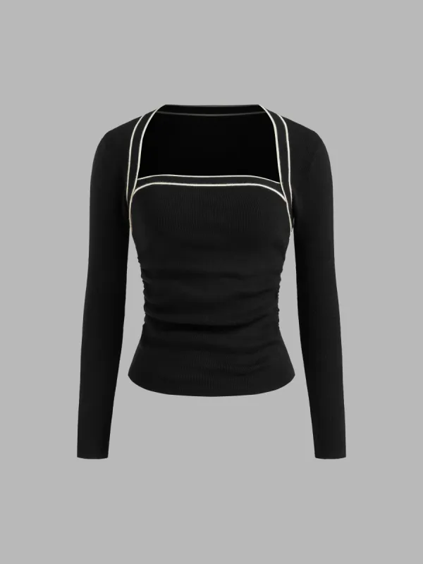 Knit Square Neck Solid Contrasting Binding Ruched Long Sleeve Top sold by Cider