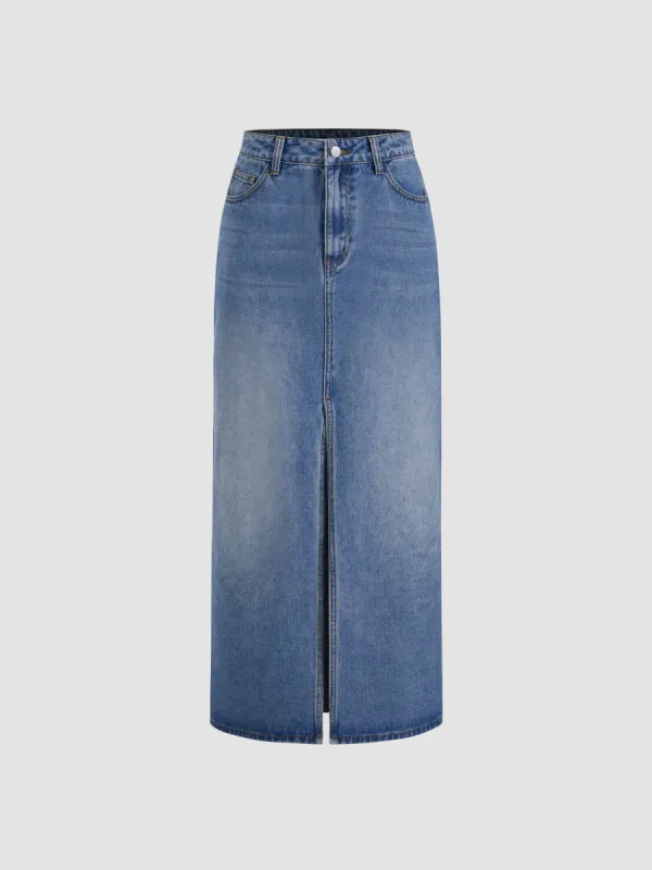 Cider Denim Mid Rise Solid Pocket Split Maxi Skirt made by Cider