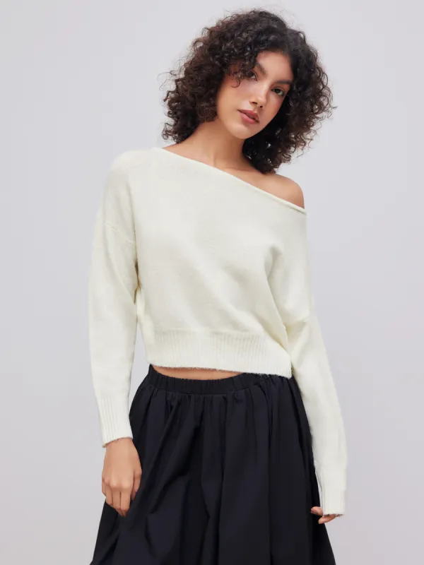 Knitted Boat Neck Solid Asymmetrical Long Sleeve Top sold by Cider