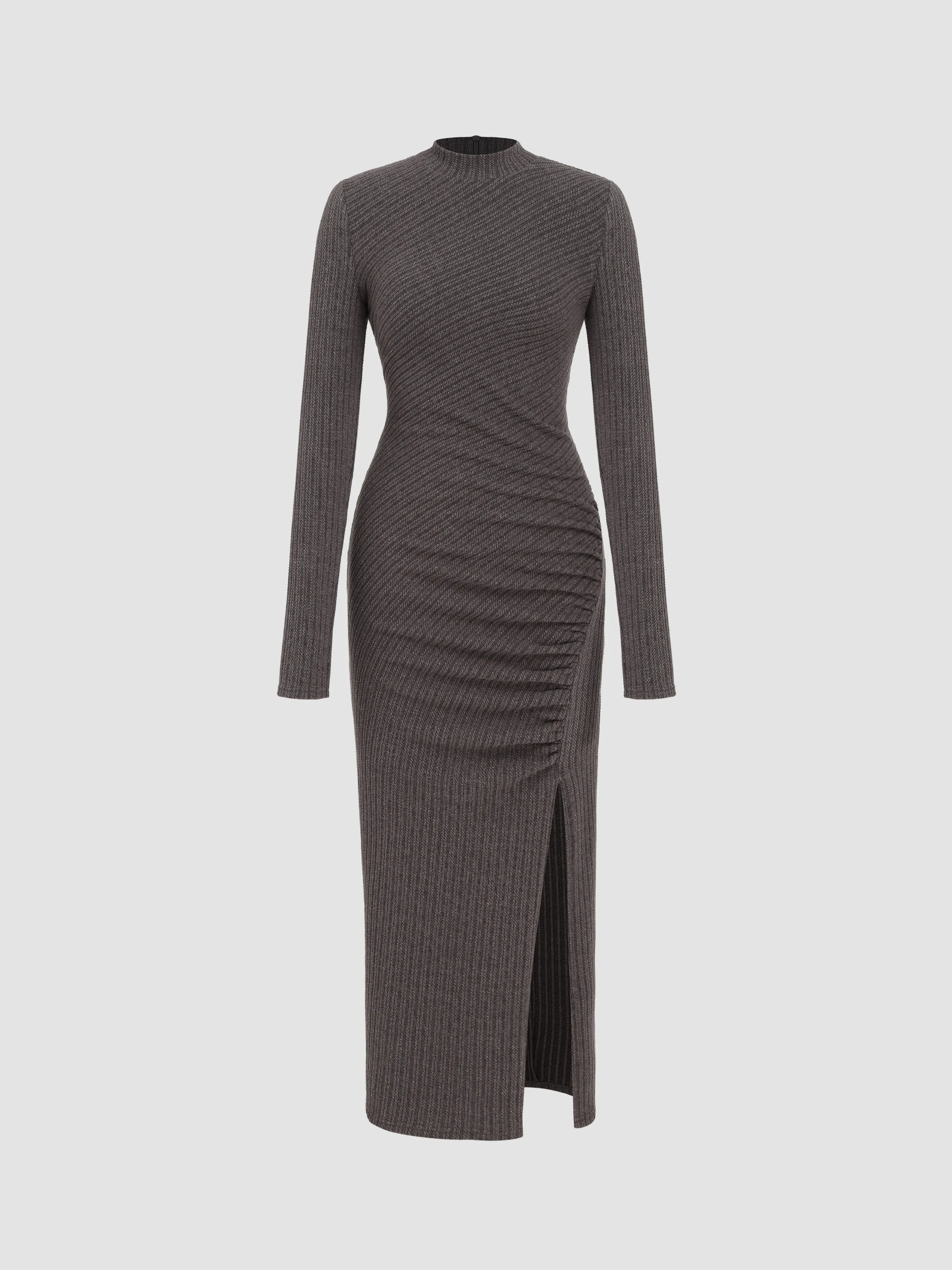 Rib Knit Stand Collar Asymmetrical Split Midi Dress sold by Cider