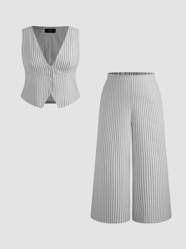 Cotton-blend V-neck Striped Belted Vest & Striped Pocket Straight Leg Trousers Curve & Plus made by Cider