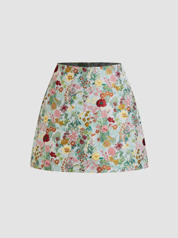 Jacquard Mid Rise Floral Zipper Mini Skirt sold by Cider