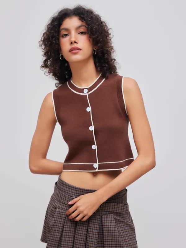 Knitted Solid Button Contrasting Binding Crop Vest sold by Cider