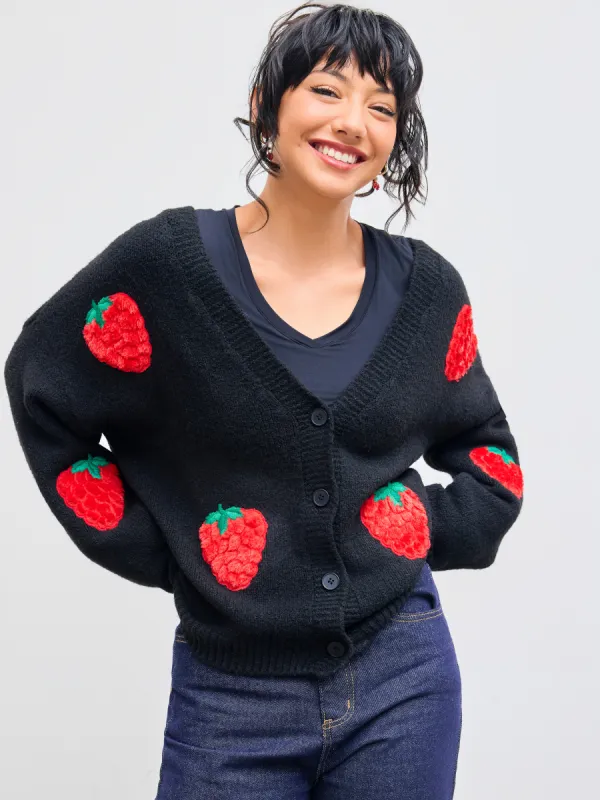 Knit V-neck Strawberry Button Cardigan sold by Cider