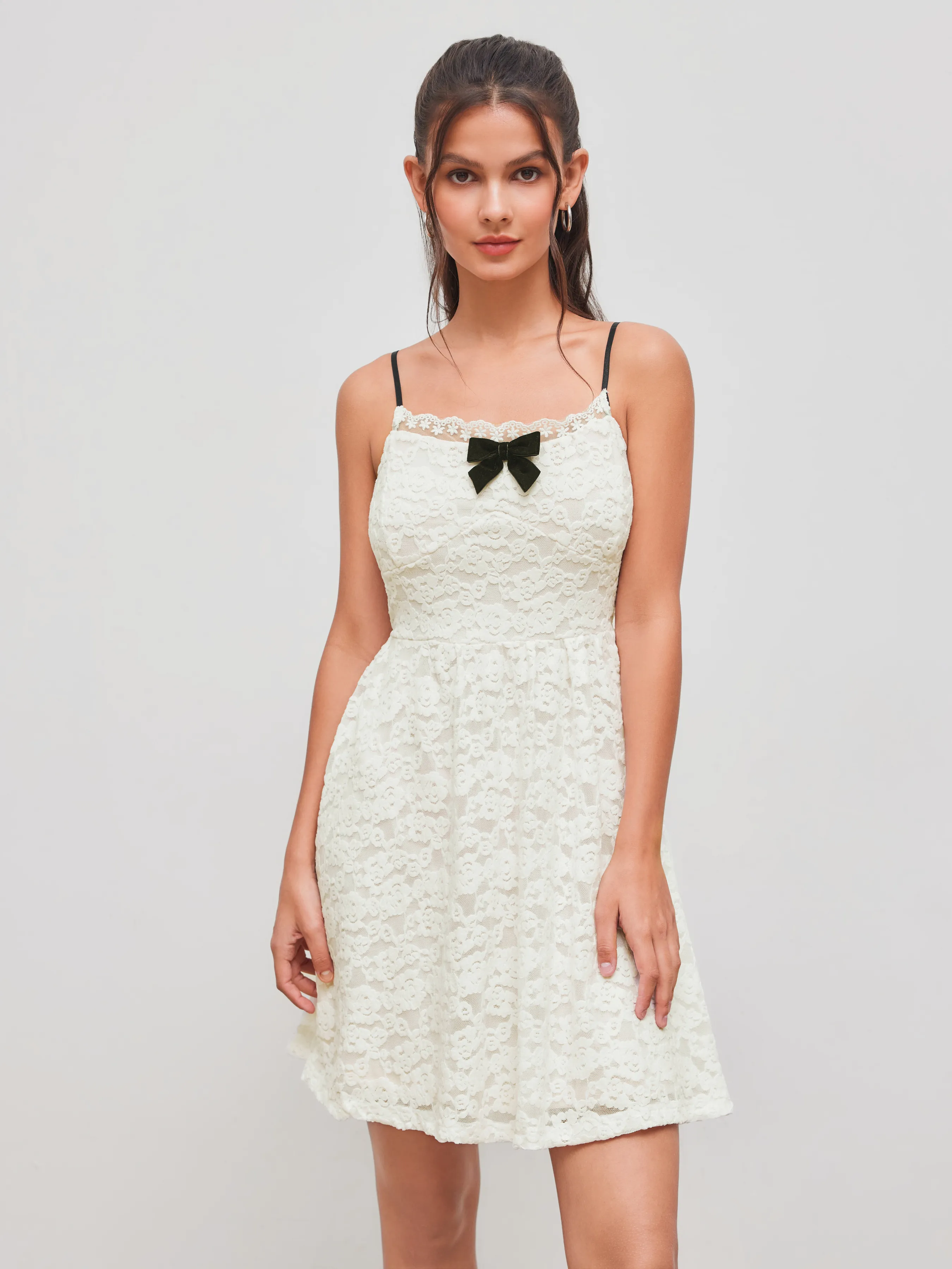 Lace U-neckline Floral Bowknot Mini Dress sold by Cider