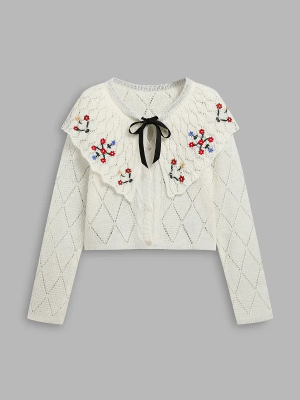 Knit Collar Floral Embroidery Bowknot Cardigan made by Cider