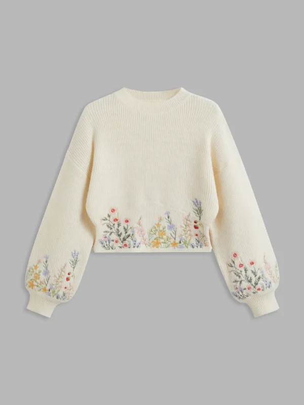 Knit Round Neckline Floral Embroidery Crop Sweater Curve & Plus sold by Cider