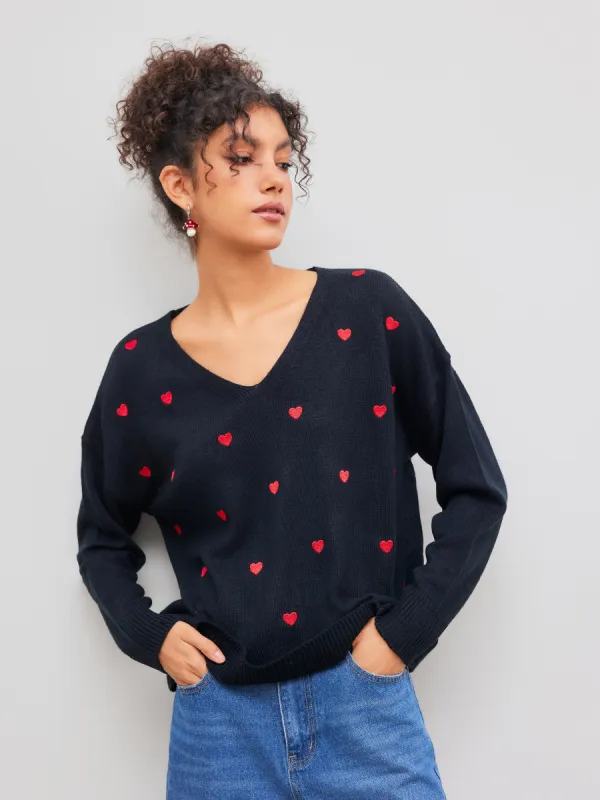 Knitted V-neck Heart Long Sleeve Top sold by Cider