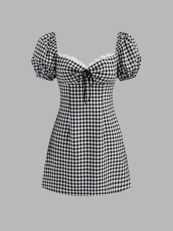 100% Cotton Sweetheart Neckline Gingham Lace Knotted Puff Sleeve Mini Dress sold by Cider