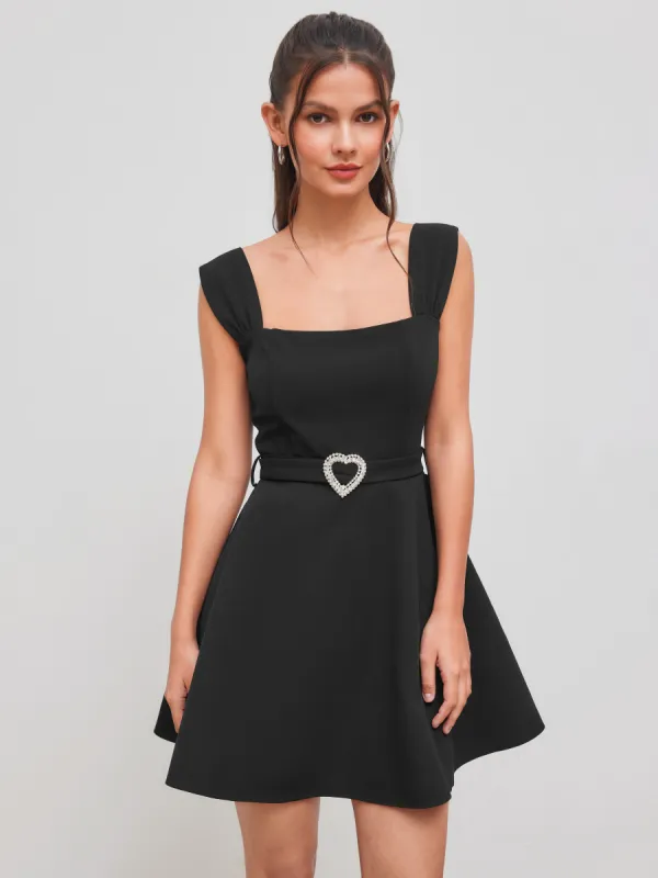 Square Neck Solid Mini Dress With Heart Belt sold by Cider