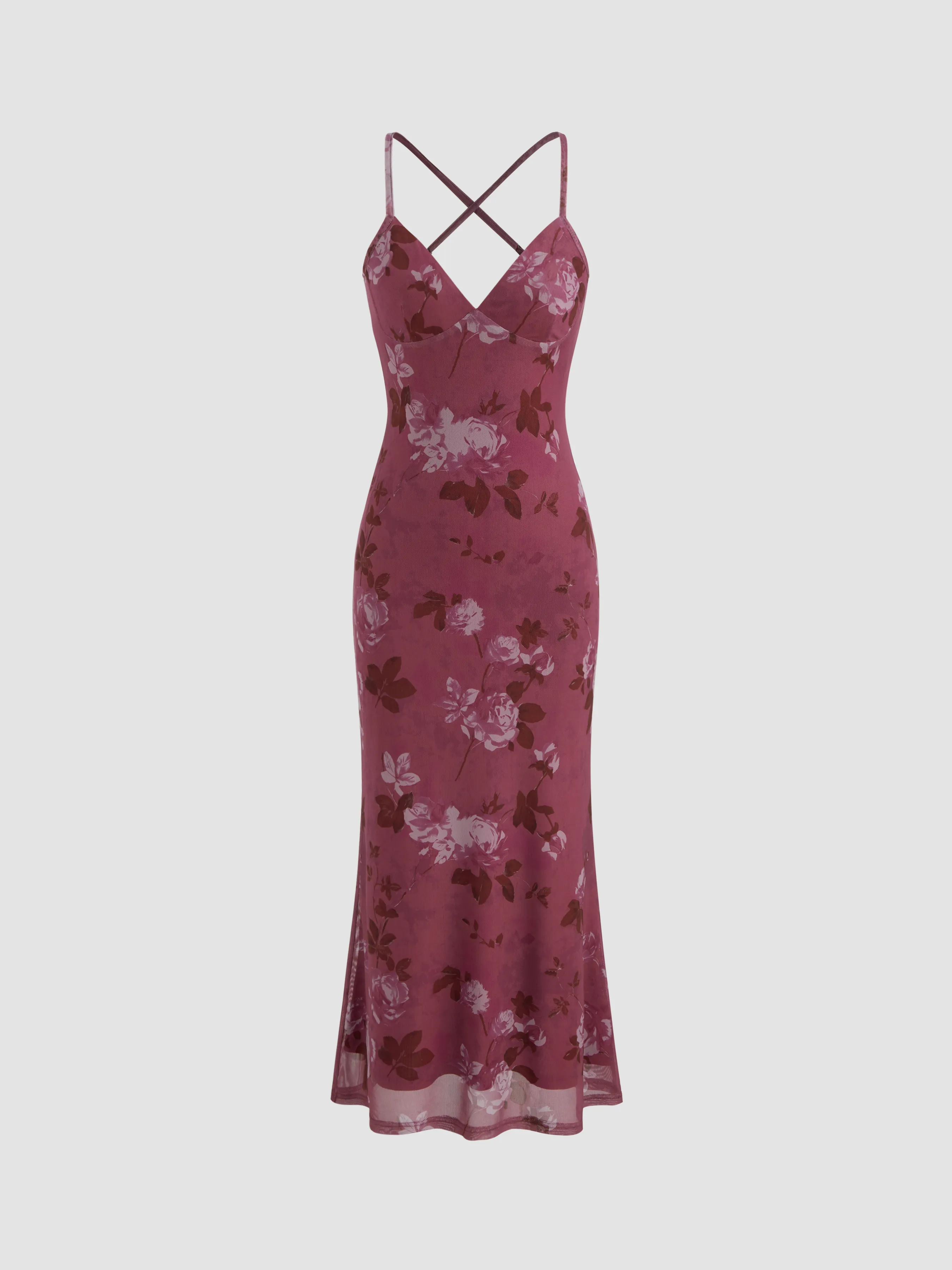 Mesh Sweetheart Neckline Floral Criss Cross Maxi Dress sold by Cider