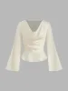 Satin Cowl Neckline Solid Ruffle Hem Long Sleeve Blouse sold by Cider