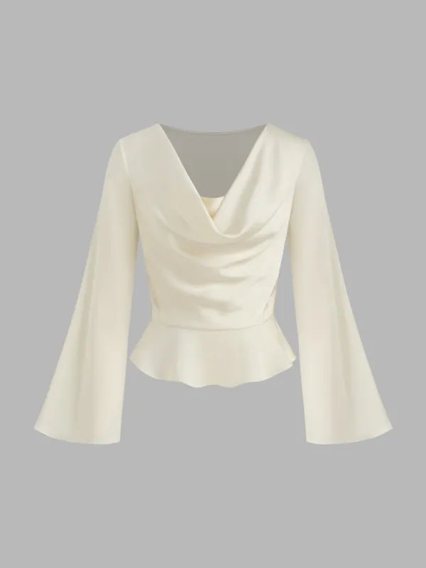 Satin Cowl Neckline Solid Ruffle Hem Long Sleeve Blouse sold by Cider