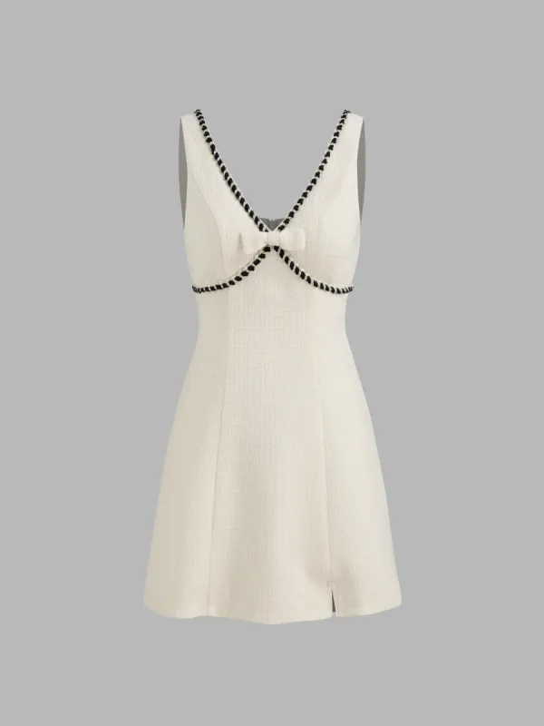 Tweed V-neck Solid Bowknot Contrasting Binding Mini Dress sold by Cider