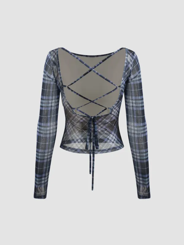Mesh Boat Neck Checks Knotted Long Sleeve Top sold by Cider