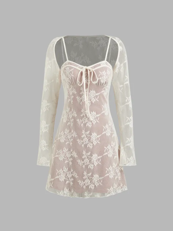 Sweetheart Knotted Mini Dress & Lace Floral Shrug Set sold by Cider