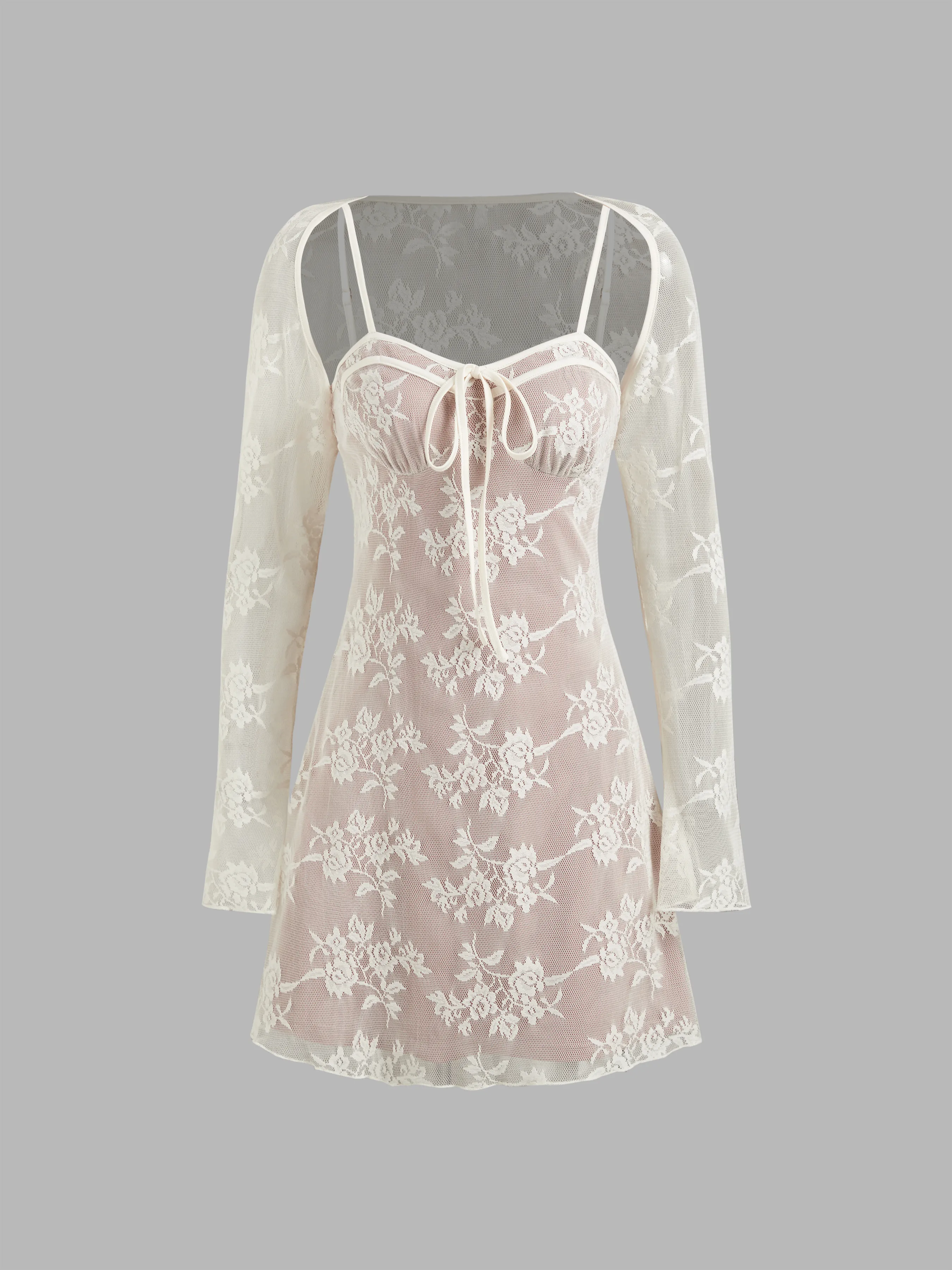 Sweetheart Knotted Mini Dress & Lace Floral Shrug Set sold by Cider