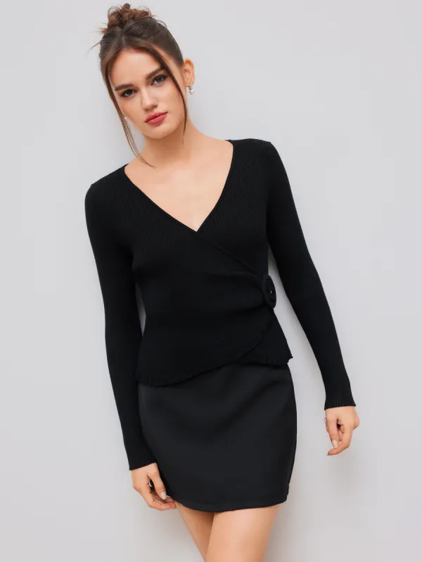 Knitted V-neck Solid Wrap Long Sleeve Top sold by Cider