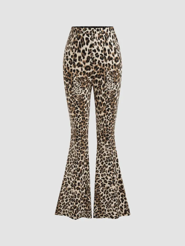 High Rise Leopard Elastic Waist Flared Trousers sold by Cider