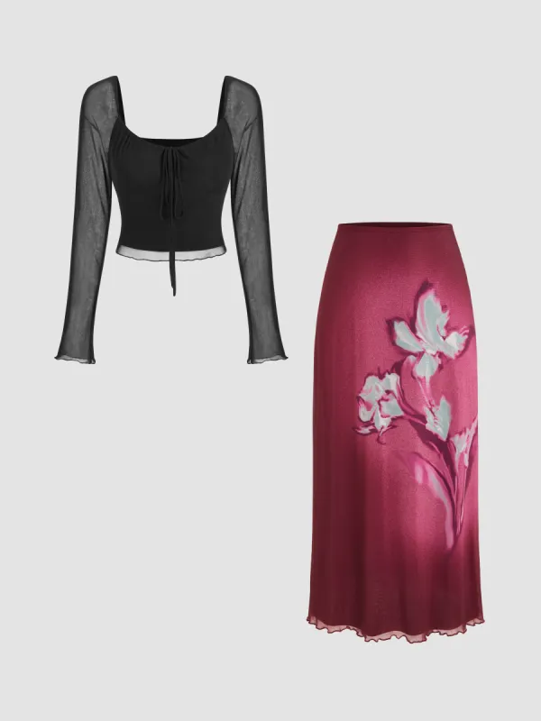 Mesh Square Neck Ruched Knotted Long Sleeve Crop Top & Mid Rise Floral Maxi Skirt Set sold by Cider