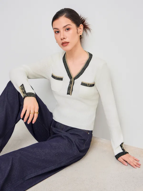 Knitted V-neck Solid Contrasting Binding Long Sleeve Top sold by Cider