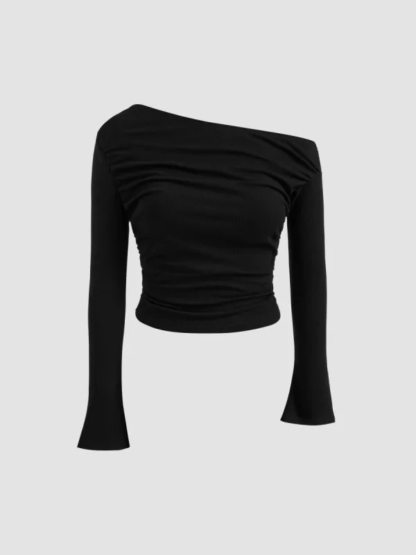 Asymmetrical Neck Solid Ruched Long Sleeve Top sold by Cider