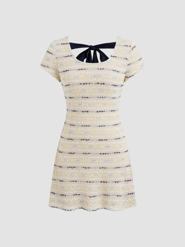 Cotton-blend Round Neckline Striped Bowknot Mini Dress sold by Cider