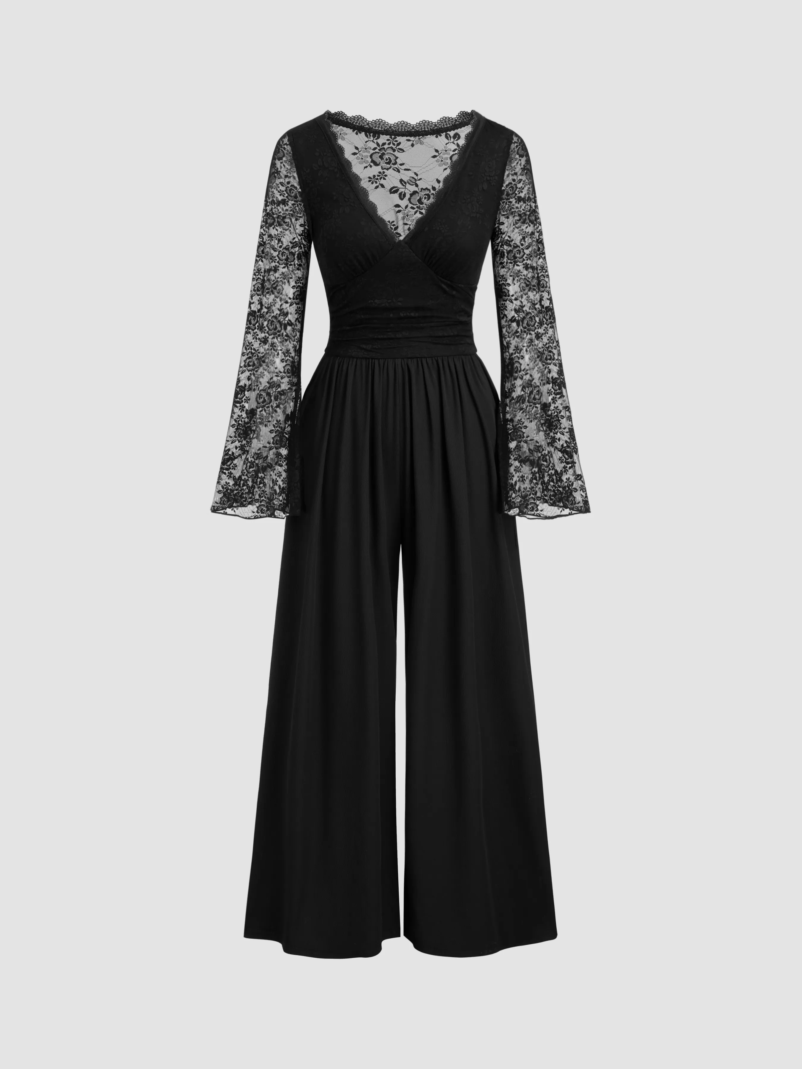 Round Neckline Floral Lace Ruched Wide Leg Jumpsuit sold by Cider