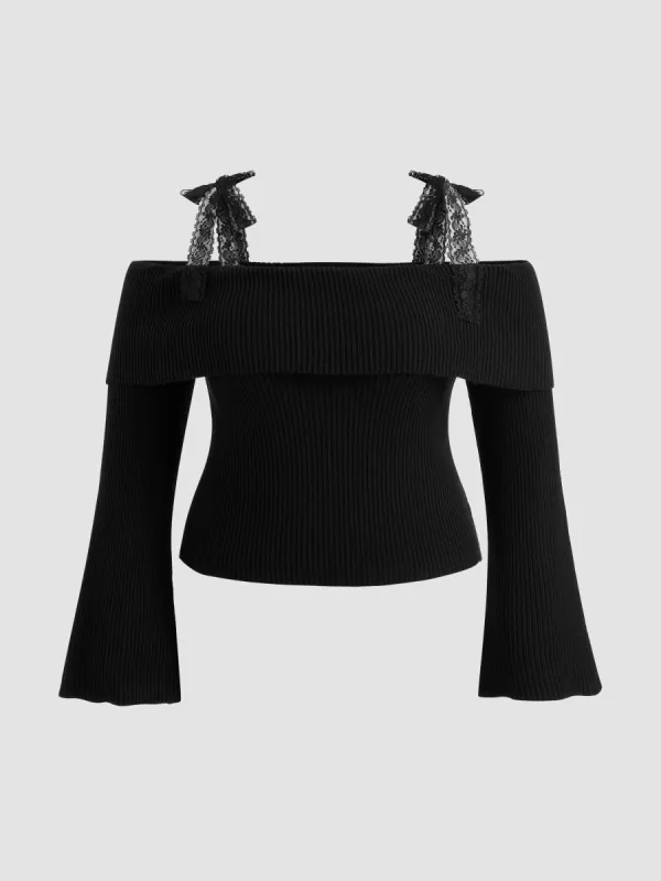 Knit Off-shoulder Solid Lace Knotted Long Sleeve Crop Top Curve & Plus sold by Cider