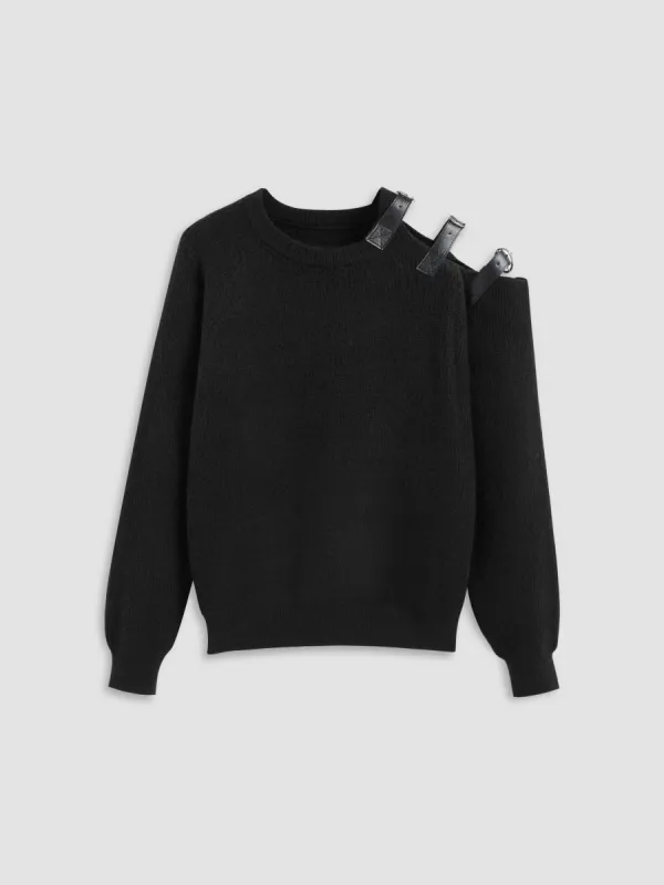 Knitted Round Neckline Solid Belted Asymmetrical Long Sleeve Top sold by Cider
