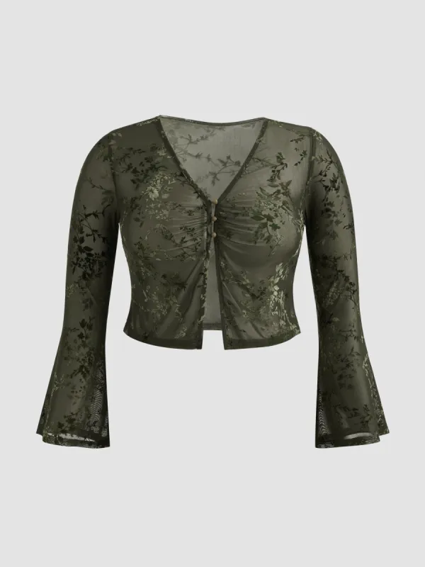 Mesh V-neck Floral Button Long Sleeve Blouse Curve & Plus sold by Cider