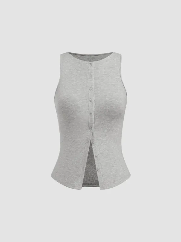 Round Neckline Solid Button Crop Tank Top sold by Cider