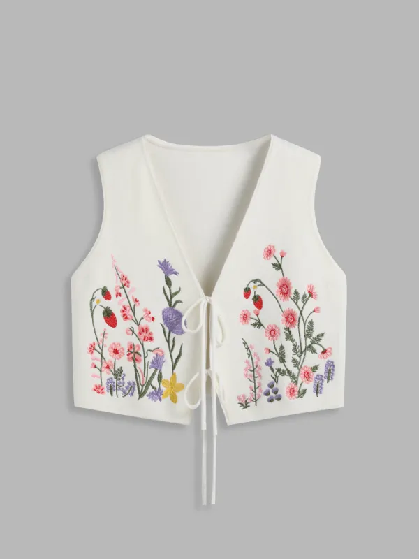 Knit V-neck Floral Embroidery Tie Front Vest Curve & Plus sold by Cider