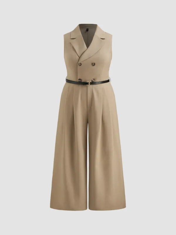 Collar Solid Button Pocket Jumpsuit With Belt Curve & Plus sold by Cider
