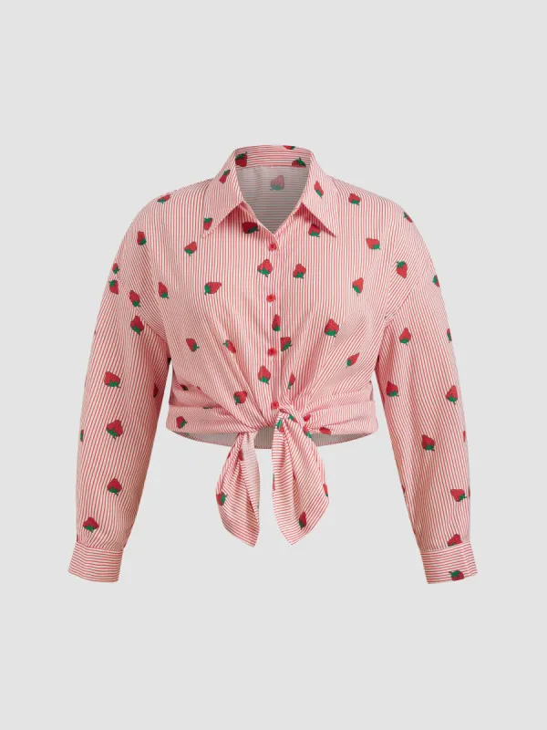 Collar Striped Strawberry Button Long Sleeve Shirt Curve & Plus sold by Cider