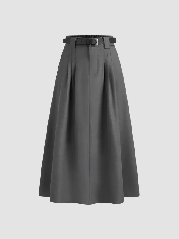 High Rise Solid Pleated Pocket Maxi Skirt With Belt sold by Cider