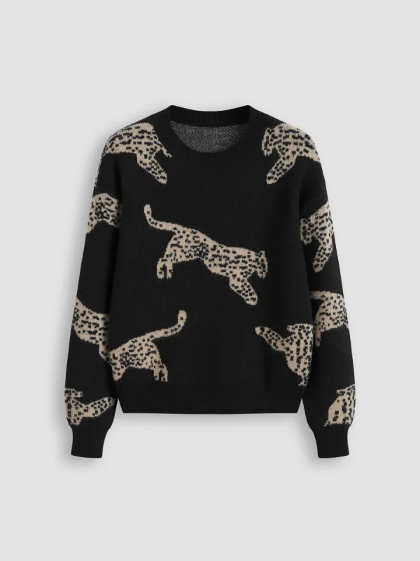 Knit Round Neckline Leopard Long Sleeve Top sold by Cider