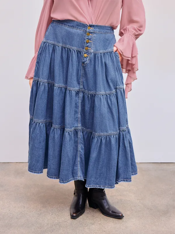 Denim Mid Rise Solid Tiered Button Pocket Maxi Skirt Curve & Plus sold by Cider